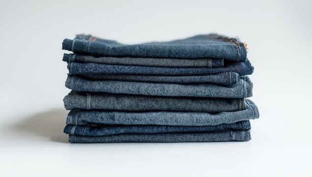 Stack of folded denim jeans on a white background