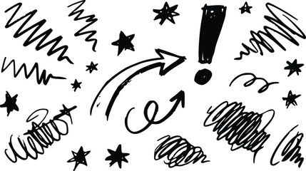 Hand drawn doodle vector illustration set featuring black ink arrows stars exclamation marks and messy scribbles on white background © Arun