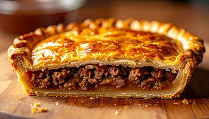 A savory meat pie with a golden crust sits on a wooden cutting board indoors.