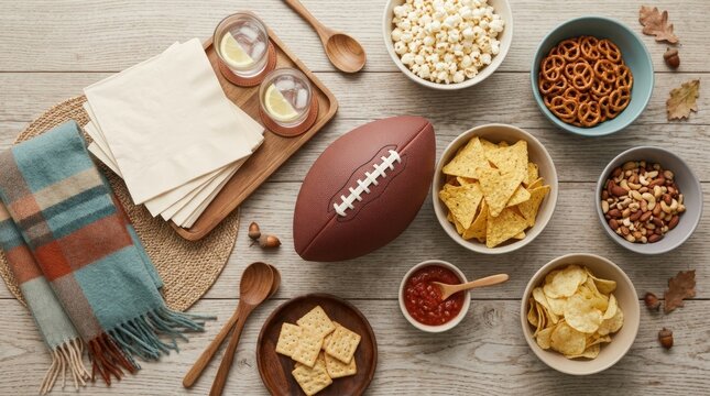 Football party snacks and drinks arranged on wooden table with football and napkins