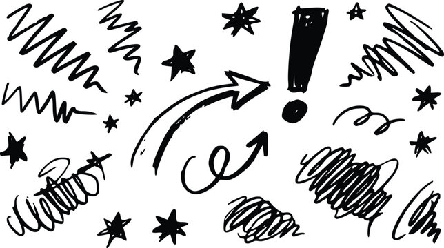 Hand drawn doodle vector illustration set featuring black ink arrows stars exclamation marks and messy scribbles on white background