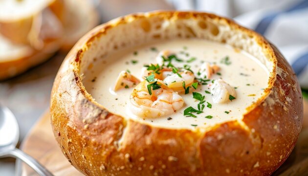 Creamy seafood soup with shrimp and herbs in a toasted bread bowl on a wooden table