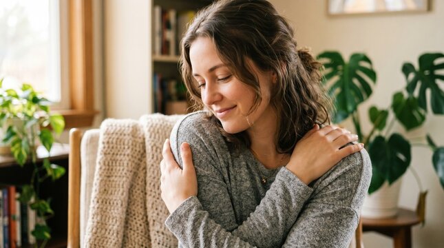 Woman practicing self love hugging herself in comfortable living room with wellness peaceful lifestyle kindness