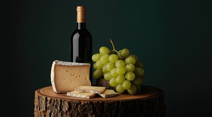 Obraz premium Red wine bottle cheese wedges and green grapes arranged on rustic wood slice. Dark backdrop creates elegant mood for gourmet food pairing and celebration.