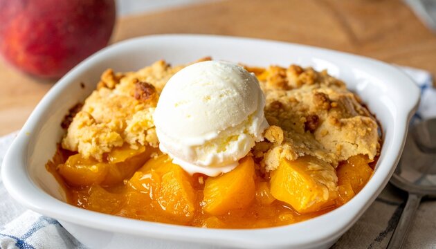 A Delicious Peach Cobbler With Ice Cream Is Displayed In A Baking Dish On A Wooden Table.