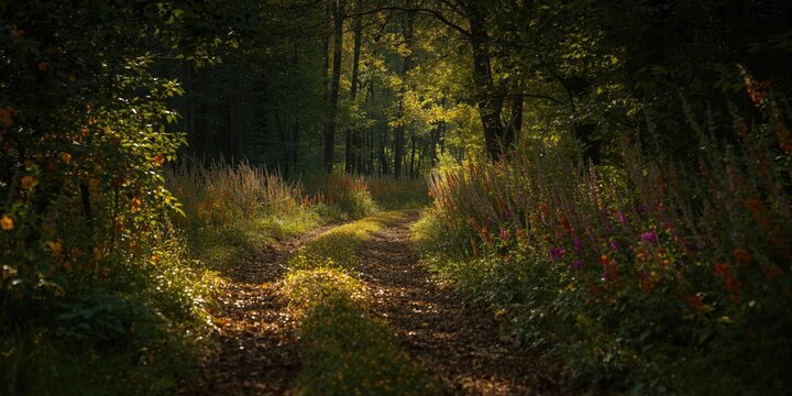 Peaceful woodland route glowing with sunlight and decorated by vibrant flower clusters