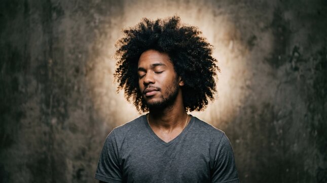 Portrait of young man with afro hairstyle closed eyes in deep thought or meditation portrait meditation thoughtful