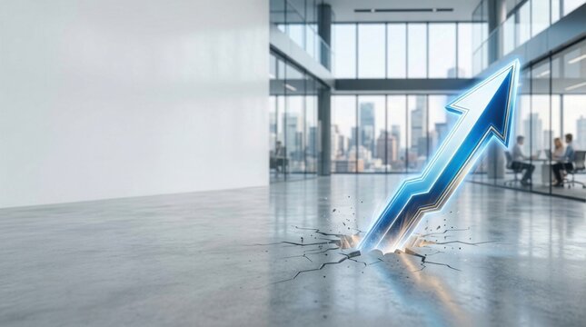 Rising arrow emerging from clean surface, business growth concept, minimalist corporate advertising, large copy space, ultra realistic