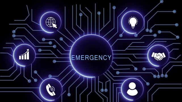 EMERGENCY concept with circuit lines and digital symbols hovering above a businessman, technology. manufacturing process management all connected in a digital circle like pattern.