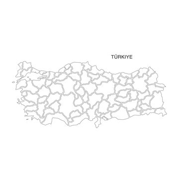 Turkiye Map Outline with Provinces on White Background
