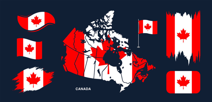 Canada Flag and Map Set with Waving and Brush Stroke Elements