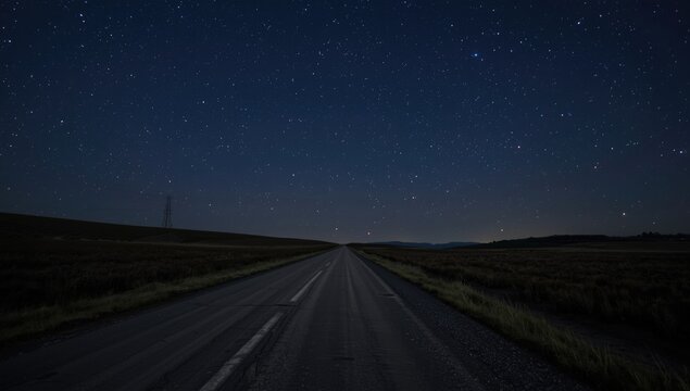 Lonely paved road running through dark landscape beneath glowing night stars