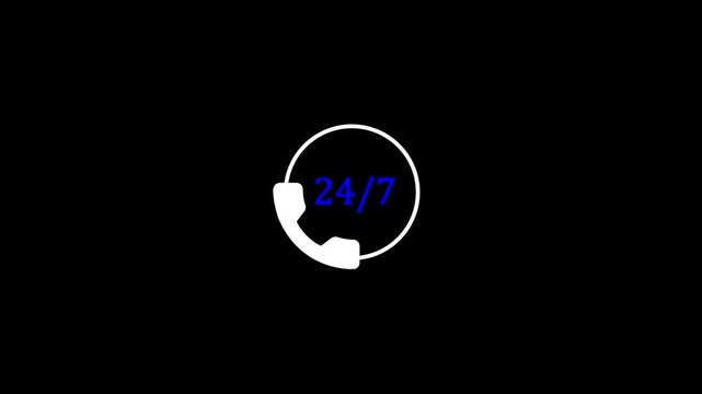 Animated 24/7 customer support icon with a telephone receiver, representing round-the-clock service, technical assistance, hotline, and constant communication on a black background.