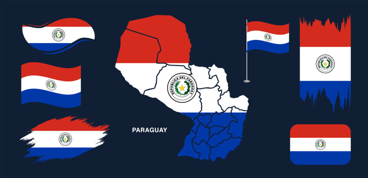 Paraguay Flag and Map Set with Waving and Brush Stroke Elements