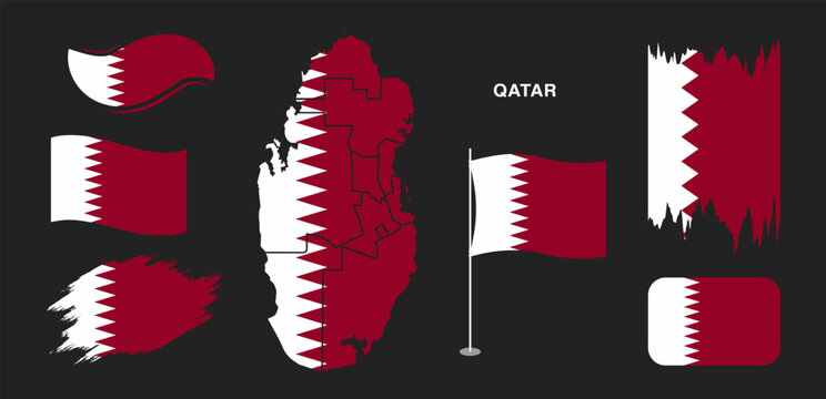 Qatar Flag and Map Set with Waving and Brush Stroke Elements