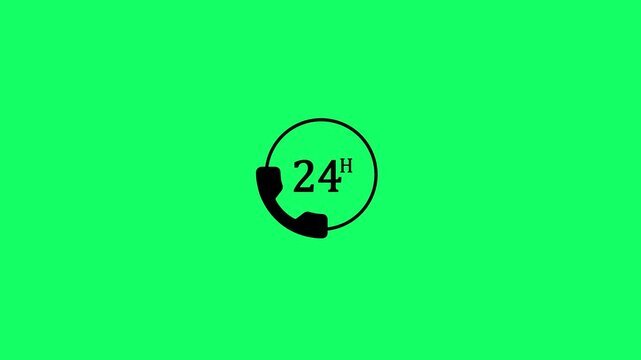 Phone appearing on screen, circle forming around. 24 hours hotline. Service hotline or helpline, technical assistance, hotline, and constant communication, isolated on a green background.