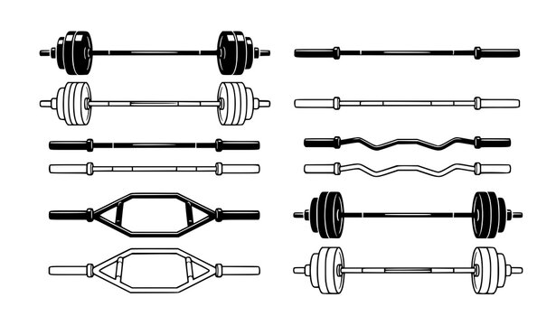 Black barbell vector bundle with weightlifting and fitness equipment illustrations