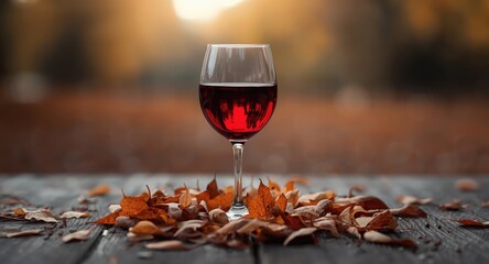 Fototapeta premium Selective focus image of a red wine glass surrounded by autumn leaves on a blurred wooden surface with copy space