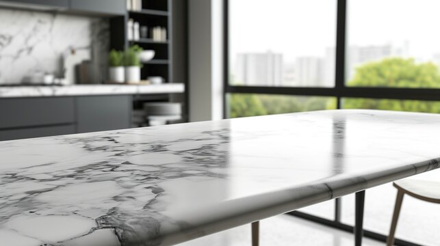 Bright contemporary kitchen interior featuring a pristine marble island and expansive window