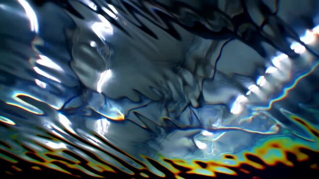 Abstract underwater time-lapse of rippled surface transforming into iridescent sheen during strong