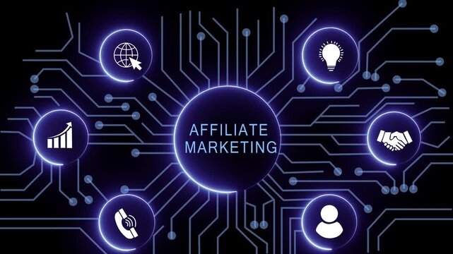 affiliate marketing concept with circuit lines and digital symbols hovering above a businessman, technology. manufacturing process management all connected in a digital circle like pattern.