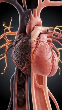 Heart health comparison, showing a healthy cardiovascular system versus a diseased artery and heart, representing prevention, problem, and treatment concepts