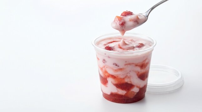 Yogurt dessert with strawberry sauce in plastic container  