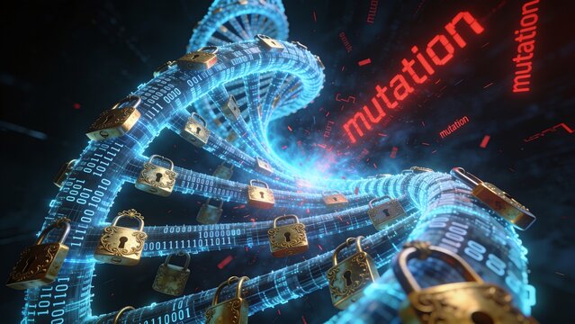 DNA double helix with locks and mutation text