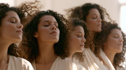 Fototapeta premium Multiple Exposure Portrait of Serene Curly Haired Woman Representing Mindfulness and Inner Balance