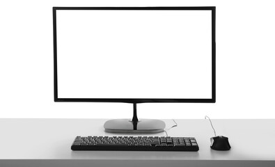 Fototapeta premium Computer Monitor With Keyboard And Mouse On Desk Isolated Transparent Background