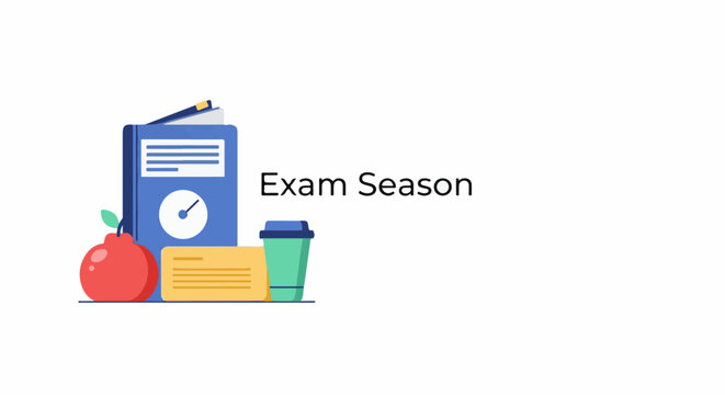 A graphic illustration of an apple, a book with a clock and pencil on top, a yellow paper and a coffee cup, with the text "Exam Season" to the right