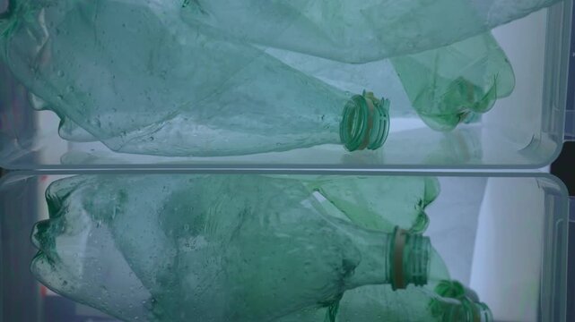 Hand places empty green plastic bottles into a transparent container for household recycling