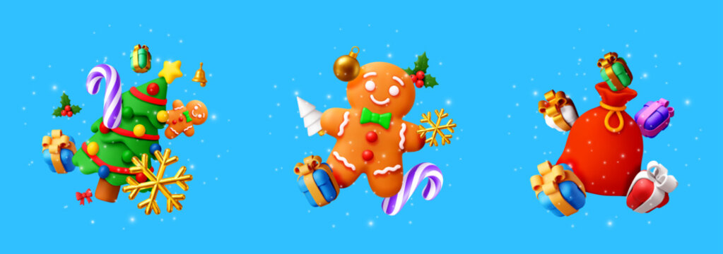 3D vector illustration set of Christmas icons featuring gingerbread man, decorated festive tree and gift bag. Holiday design elements for winter celebration card and banner.