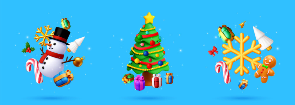 Set of 3d Christmas icons featuring snowman, decorated spruce tree and snowflake. Festive winter holiday collection with gift, candy cane and gingerbread man. Minimalist graphic design.