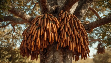 Obraz premium Mature tamarind tree producing brown elongated seed pods