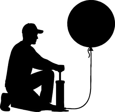 Man sitting and inflating large balloon with pump.