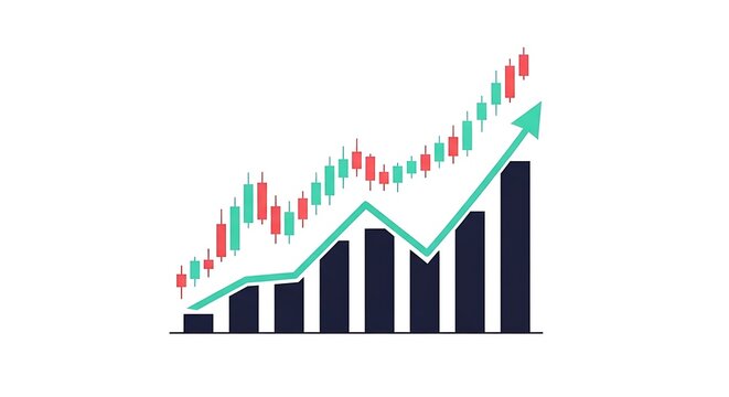 Financial stock market chart with rising candlestick pattern and bar graph illustrating upward growth analysis business investment financial statistics positive increase currency