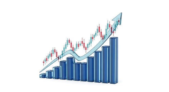 Digital representation of rising financial stock market chart with blue bar columns and candlestick indicators signifying profitable growth investment business candlestick analysis