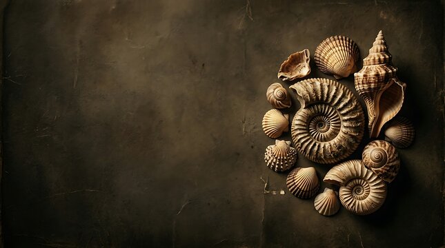 Assorted seashells and fossils arranged on a dark background