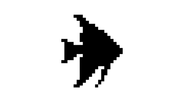Black pixel art angelfish swimming silhouette.