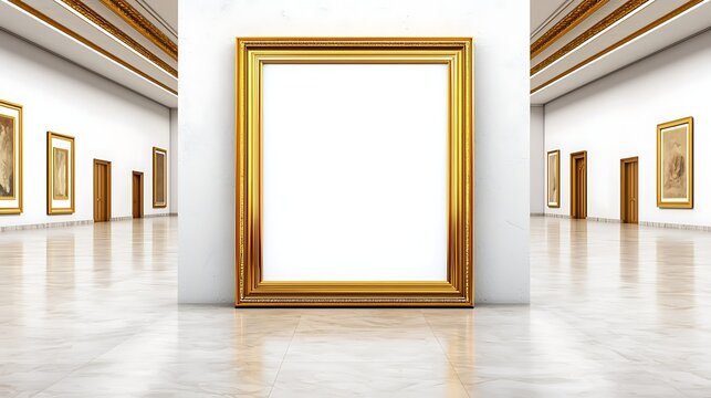 Mood Tone Energy Intense Empty Golden Frame in Art Gallery with Bright White Background