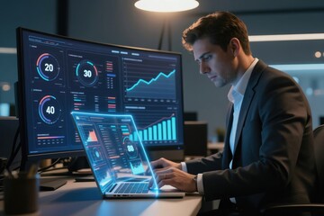 Fototapeta premium Man in suit studies digital graphs on screens. Analyst reviews financial data charts. Tech worker uses computer, analyzes business metrics, tracks progress with analytics.