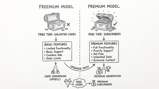 Freemium vs Premium Model Business Infographic, Hand-Drawn SaaS Pricing Strategy Illustration, Revenue Generation and User Conversion Flowchart
