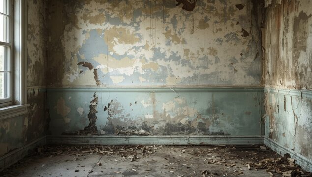 Moisture infiltration leading to mold damage and paint flaking on walls with blank space for text