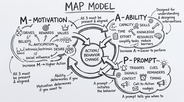 MAP Model behavioral change framework illustration, motivation ability prompt diagram, hand-drawn psychological theory infographic for business coaching