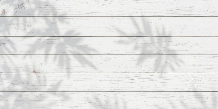 Shadows of leaves on white wooden planks