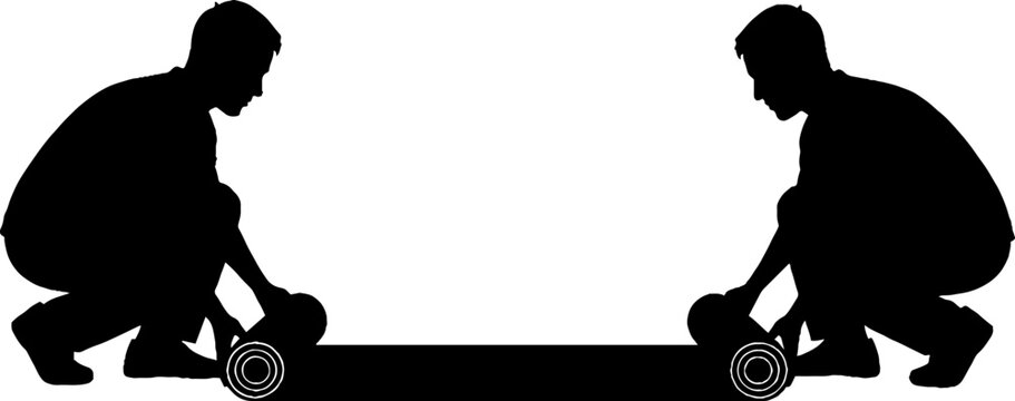 Two silhouetted men crouching with objects in hands.