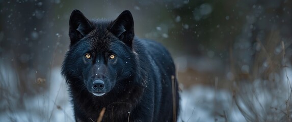 Obraz premium Black wolf standing in snowy forest with falling snow