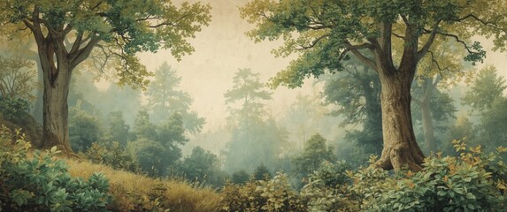 Obraz premium Timeless retro forest mural showcasing detailed trees and foliage shrubs on a gentle muted background