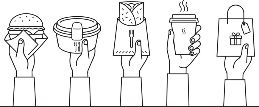 Food delivery icons, restaurant takeout symbols, hand holding fast food, vector illustrations, black and white line art